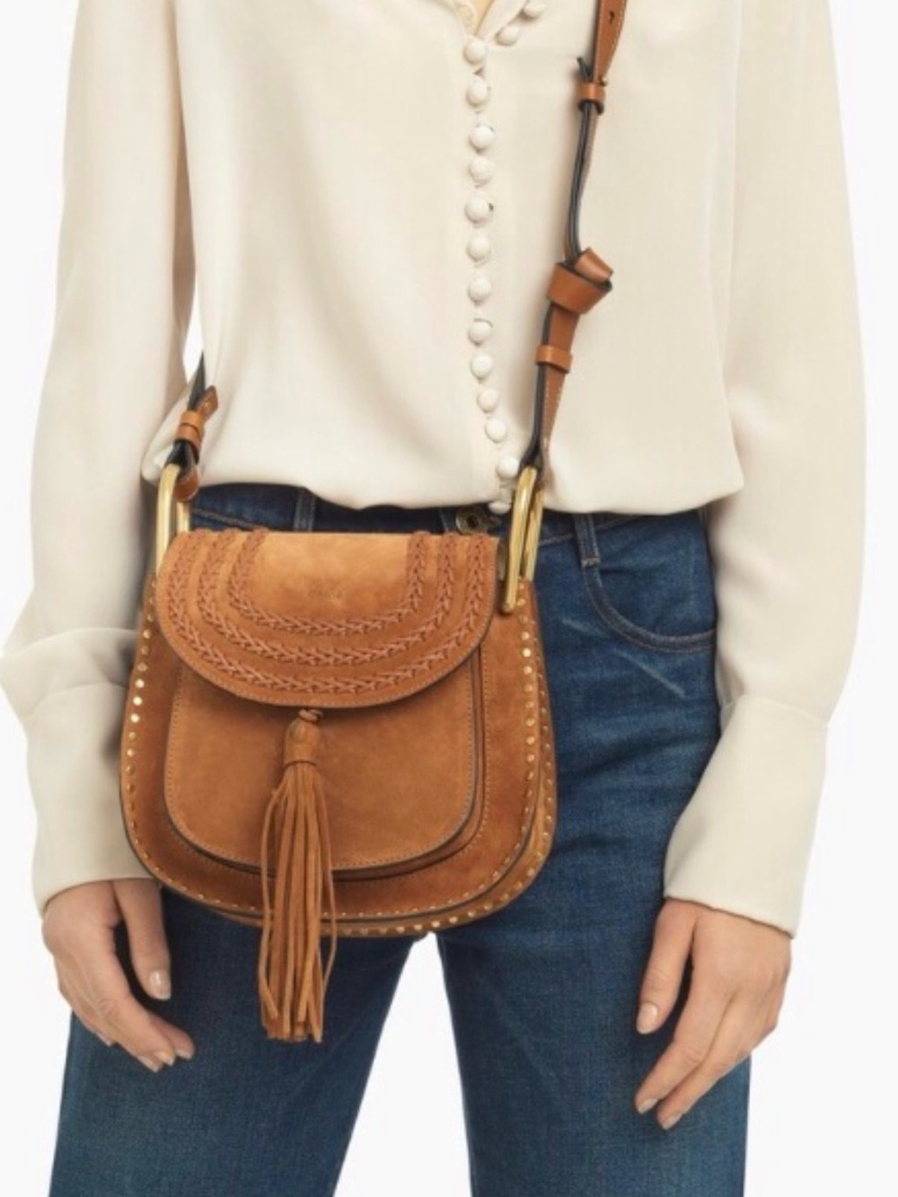 Chloe Hudson Caramel Brown Suede Small Saddle Bag with Tassel - Picture 6 of 11